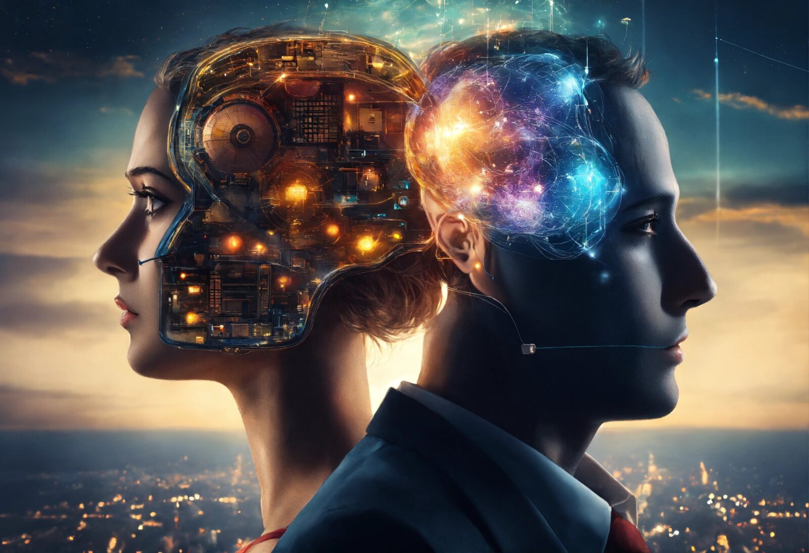 AI graphic showing a brain with neural connections next to mechanical parts replacing a brain