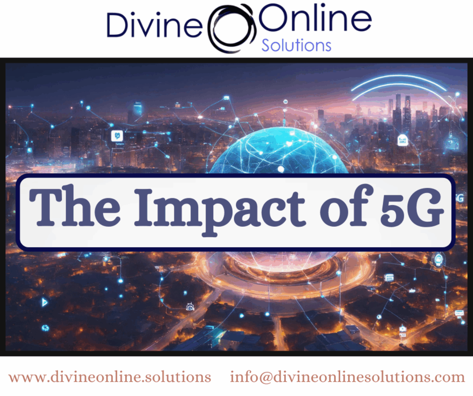 LTE and the impact of 5G text box in front of a futuristic city backdrop