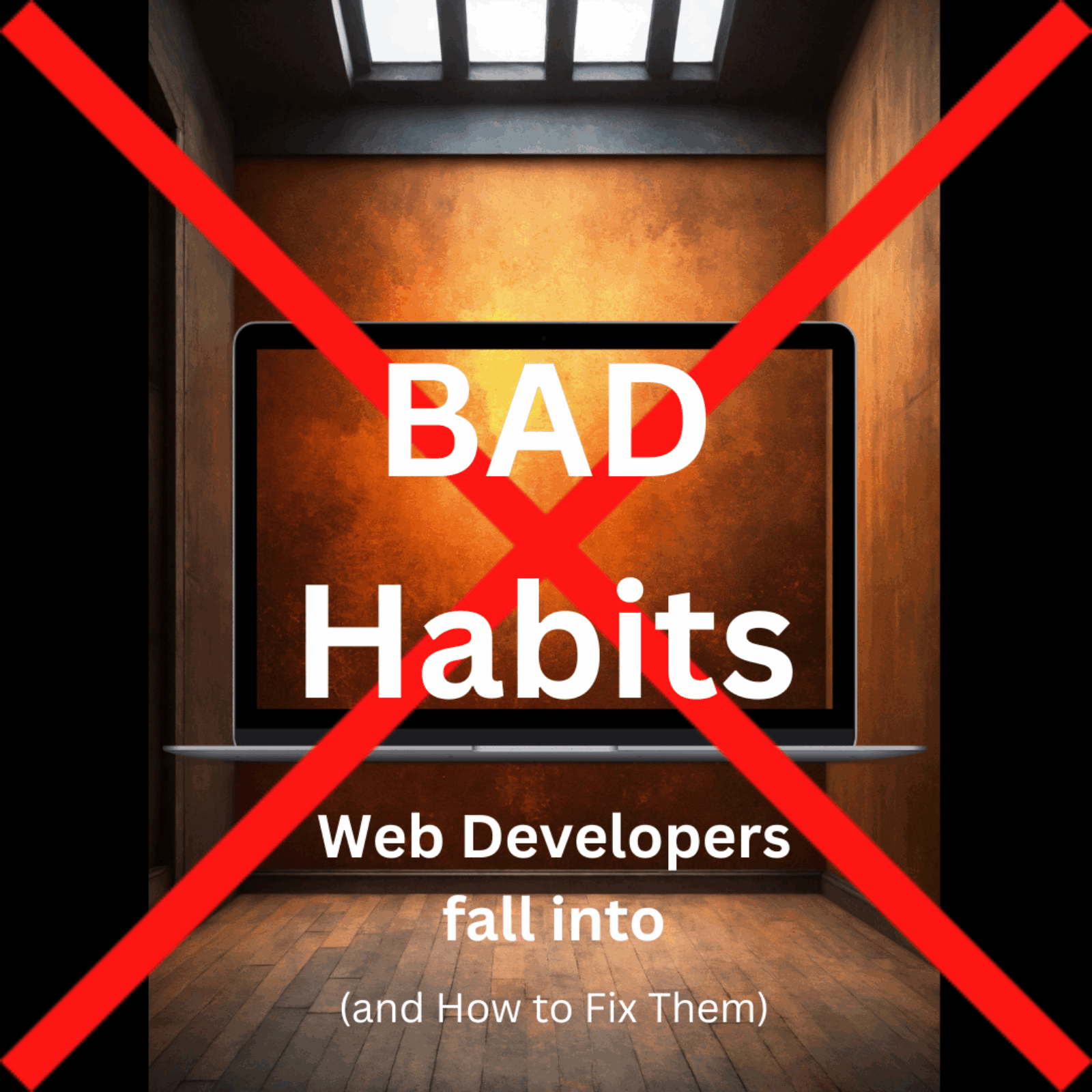 bright red X over a wooden room and laptop to illustrate the end of bad web developer habits
