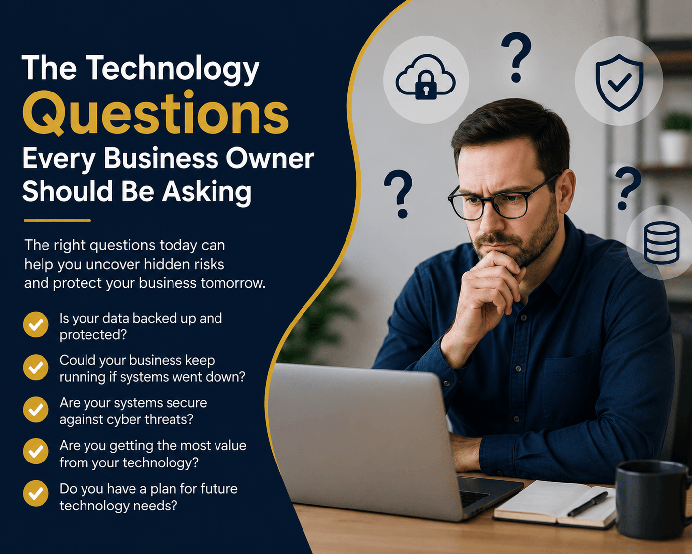 Business owner reviewing technology systems and digital reports to identify business technology questions and support future growth.