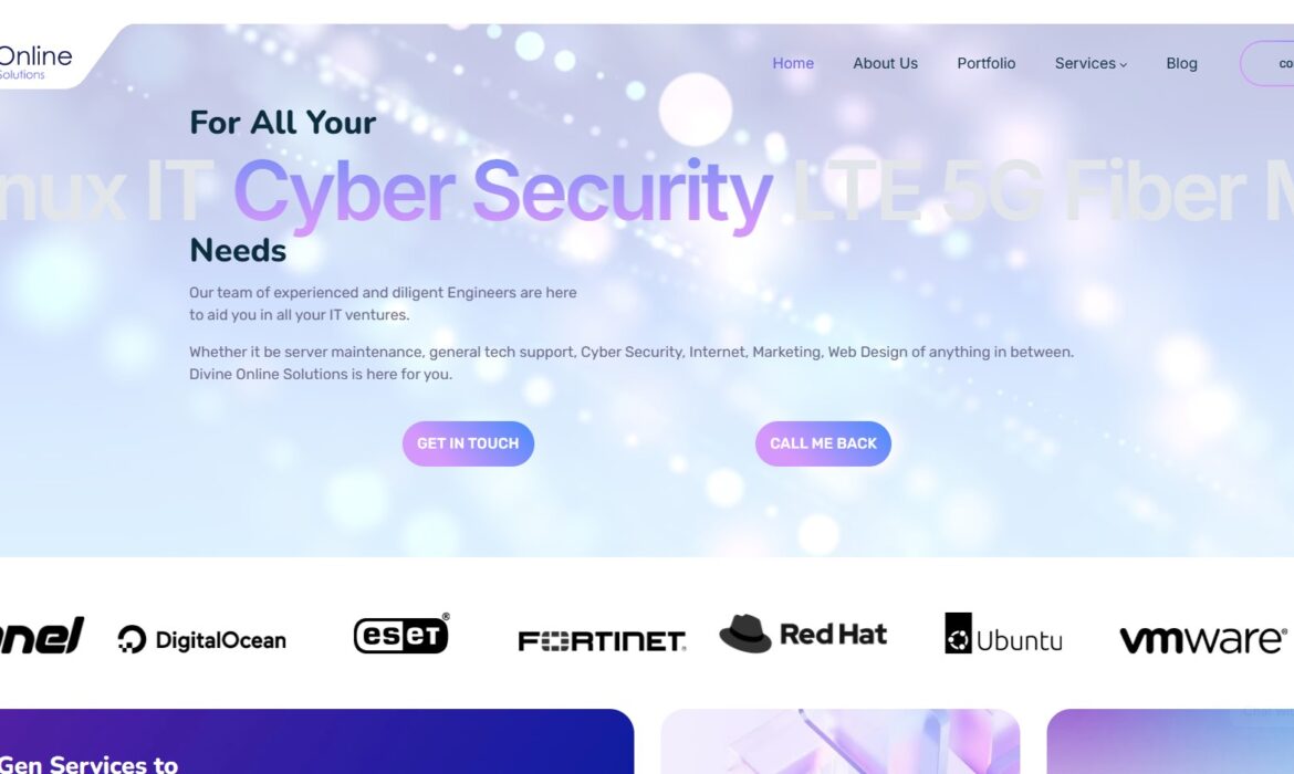 Divine Online Solutions homepage with services like Linux, IT, Cyber Security, and Fiber.
