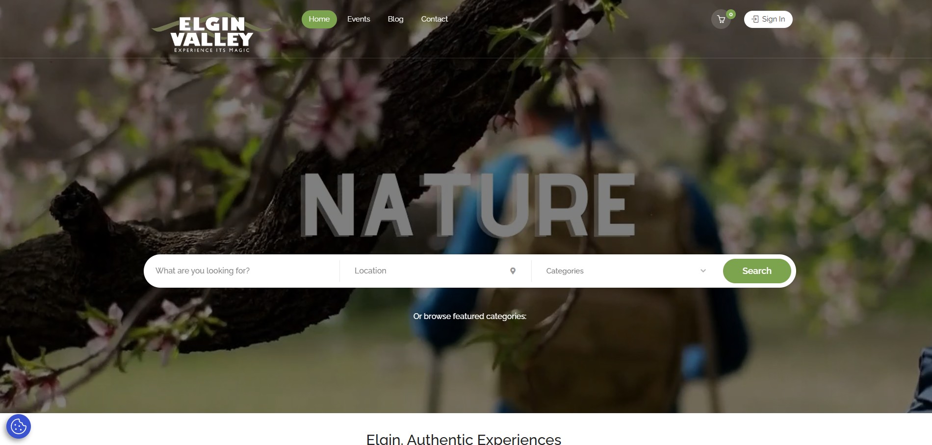 Elgin Valley tourism: hiker in nature with "NATURE" text overlay