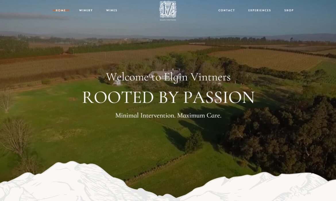 Elgin Vintners welcome screen: "Welcome to Elgin Vintners, Rooted by Passion.