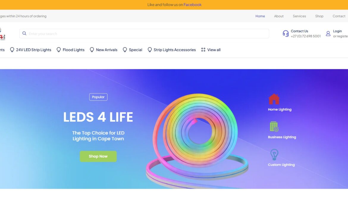 Leds4Life homepage with colorful LED strip lights and custom lighting options