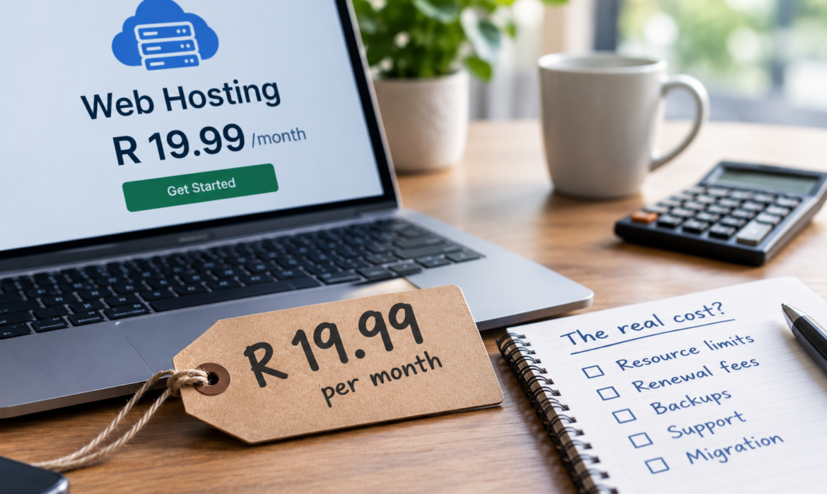 close-up of a R19.99 price tag beside a laptop and a calculator, to illustrate cheap web hosting