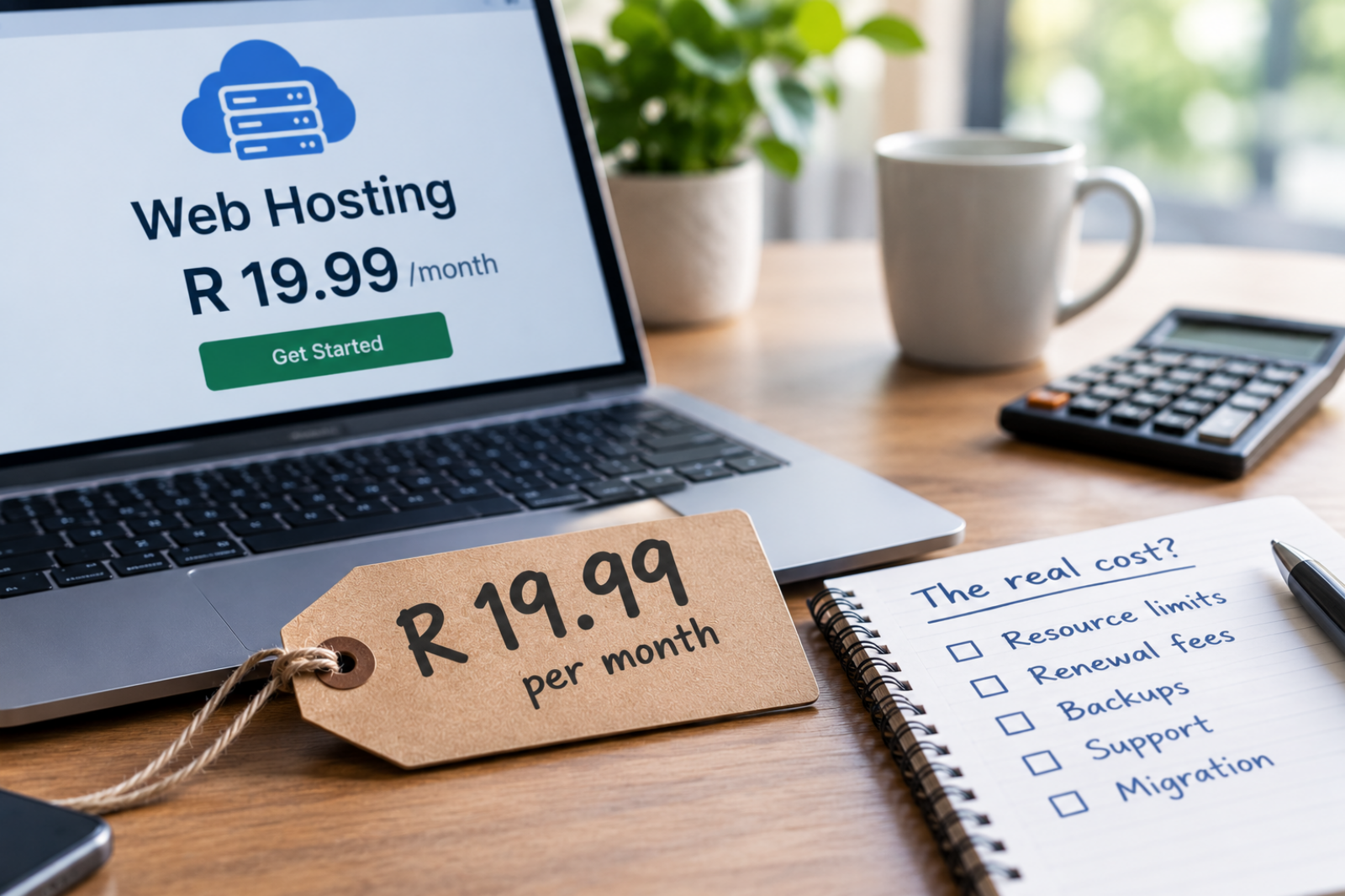 close-up of a R19.99 price tag beside a laptop and a calculator, to illustrate cheap web hosting