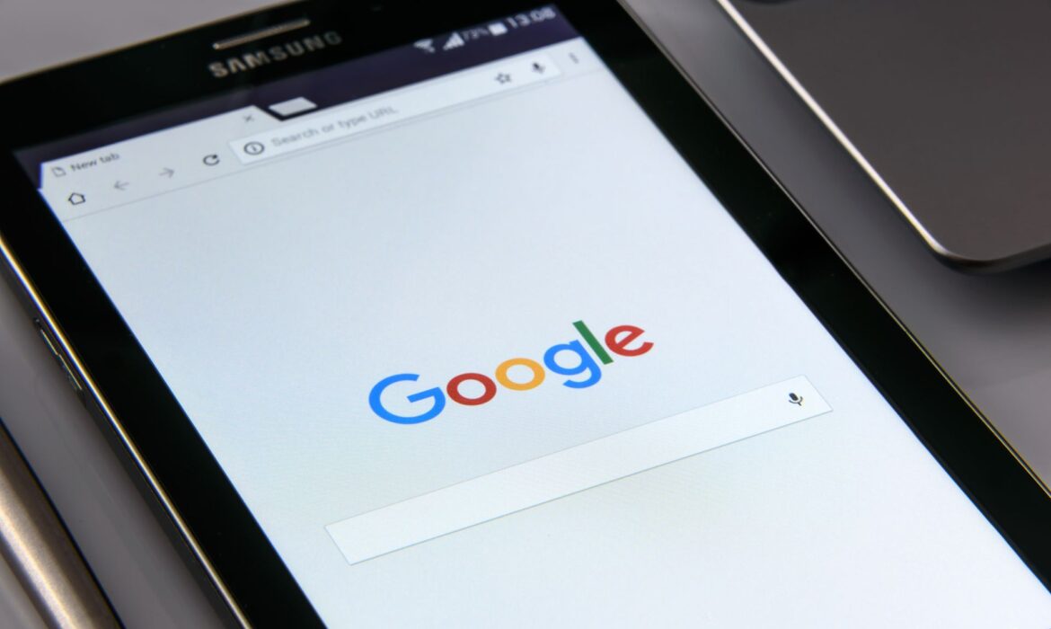 image of a tablet showing google search page, to illustrate the choice between seo or google ads for visibility